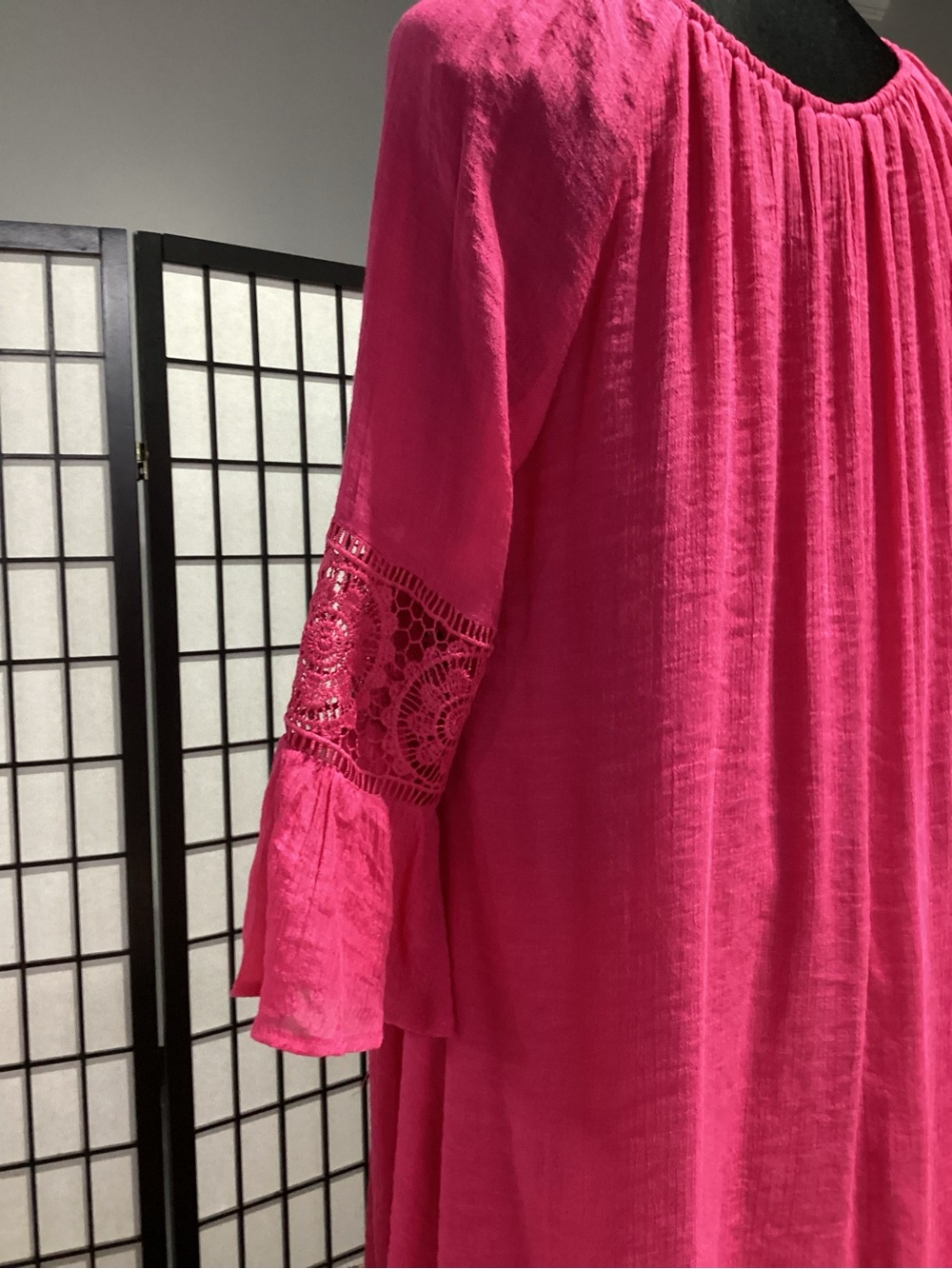 Bright Pink Women's Peasant Dress with Lace Bell Sleeves - Picture 5 of 7